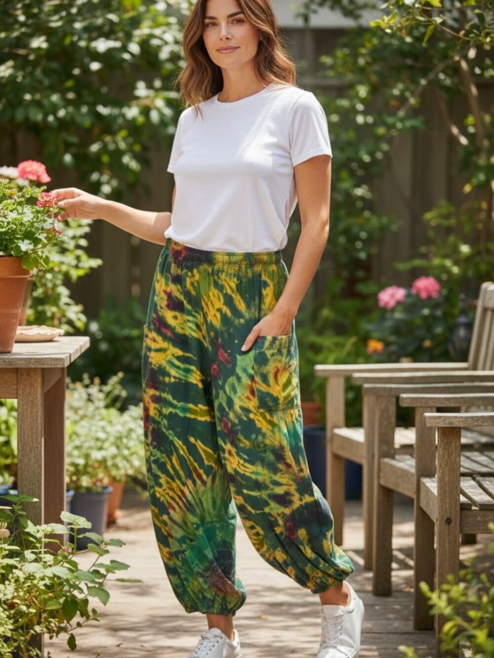 Tie Dye Tiered Harem Pants Genie Side Pockets Festival Unisex Bohemian One Size